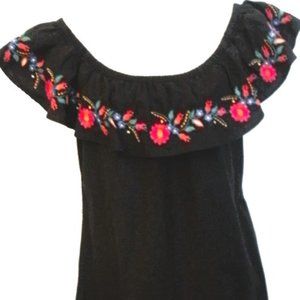 Kenneth Cole Reaction Size Med Scoop Gathered Neck Embroidered Flounce Blk Dress